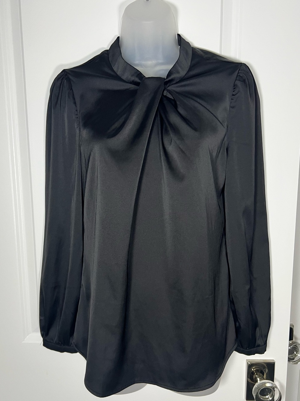 Black Satin Tie-Neck Blouse